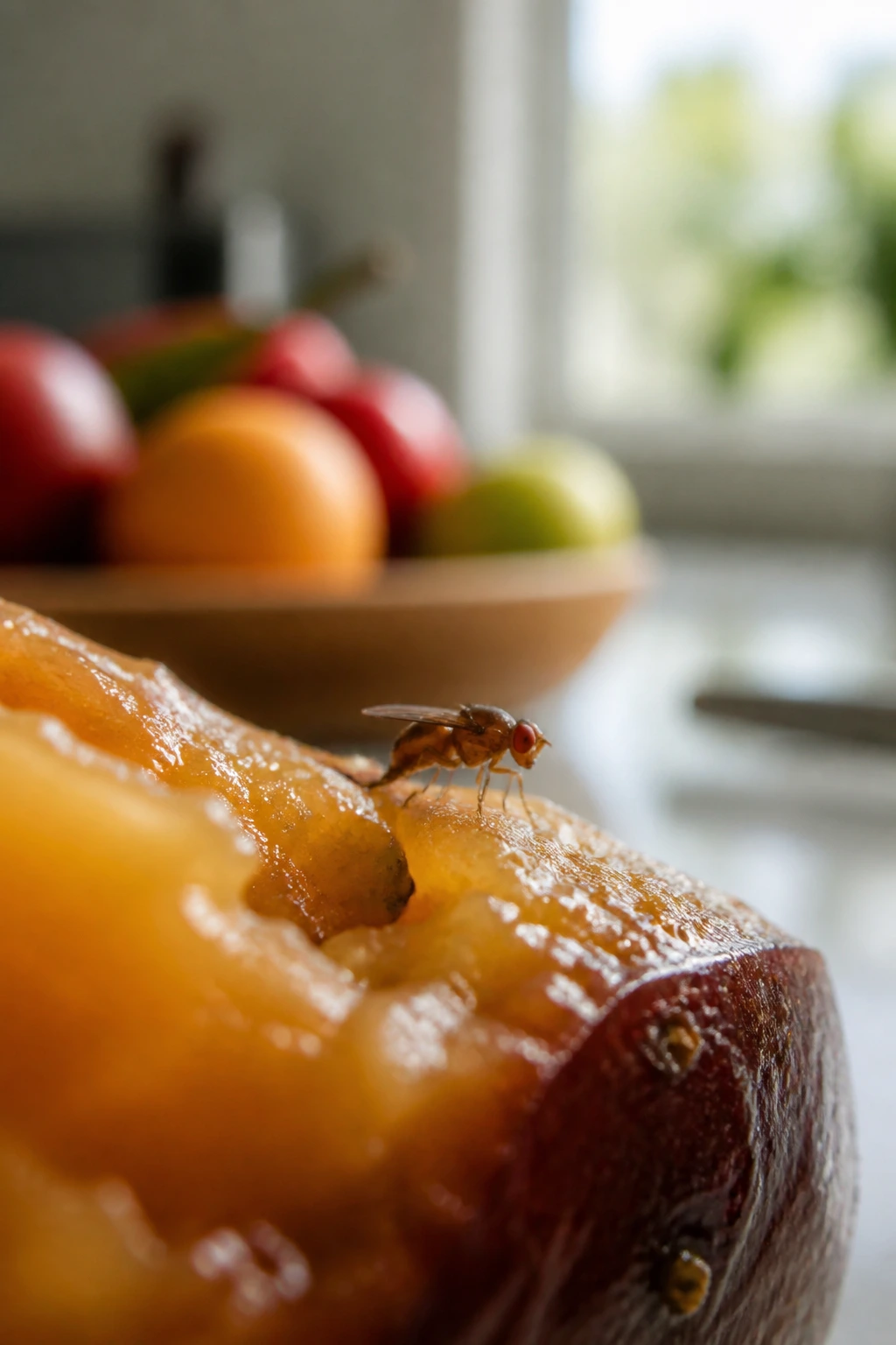 Difference Between Fruit Flies And Gnats: 7 Key Differences 10 Fruit fly on ripe fruit showing food preference