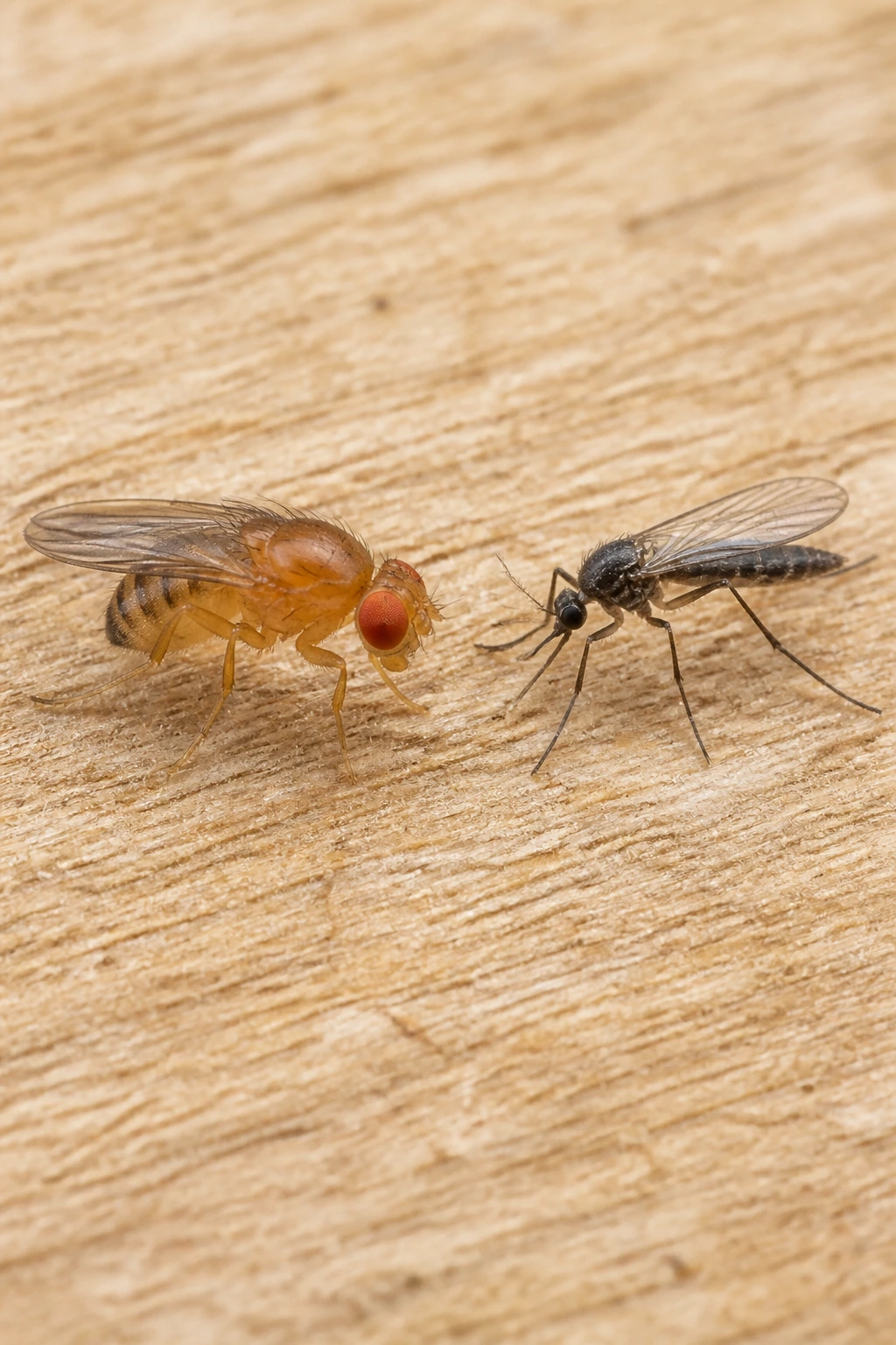 Difference Between Fruit Flies And Gnats: 7 Key Differences 8 Fruit fly and gnat body shapes compared on wood