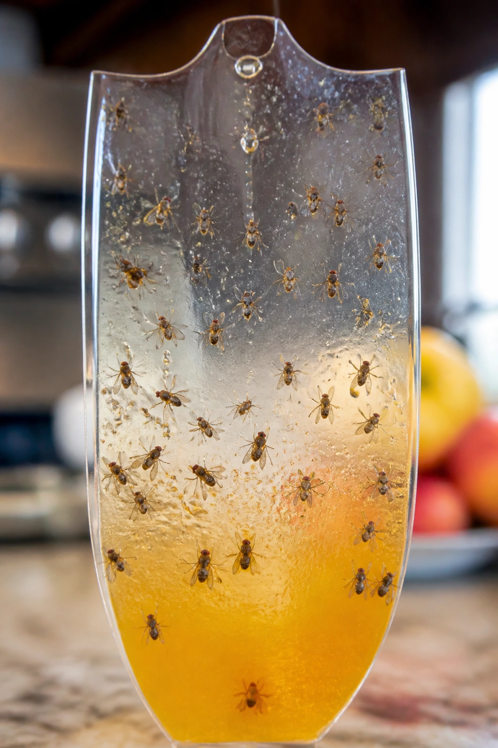 Sticky trap close-up used to catch fruit flies in a kitchen