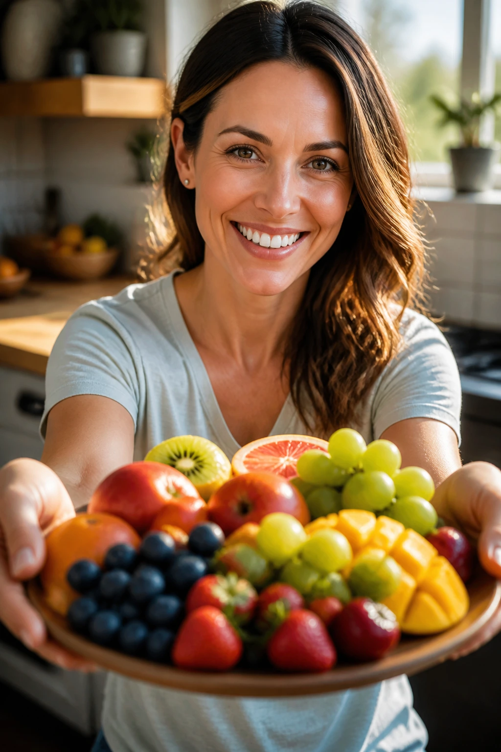 10 Amazing Fruits That Are Good for Nerve Pain 5 Smiling person presenting a plate of fresh fruit in a cozy kitchen
