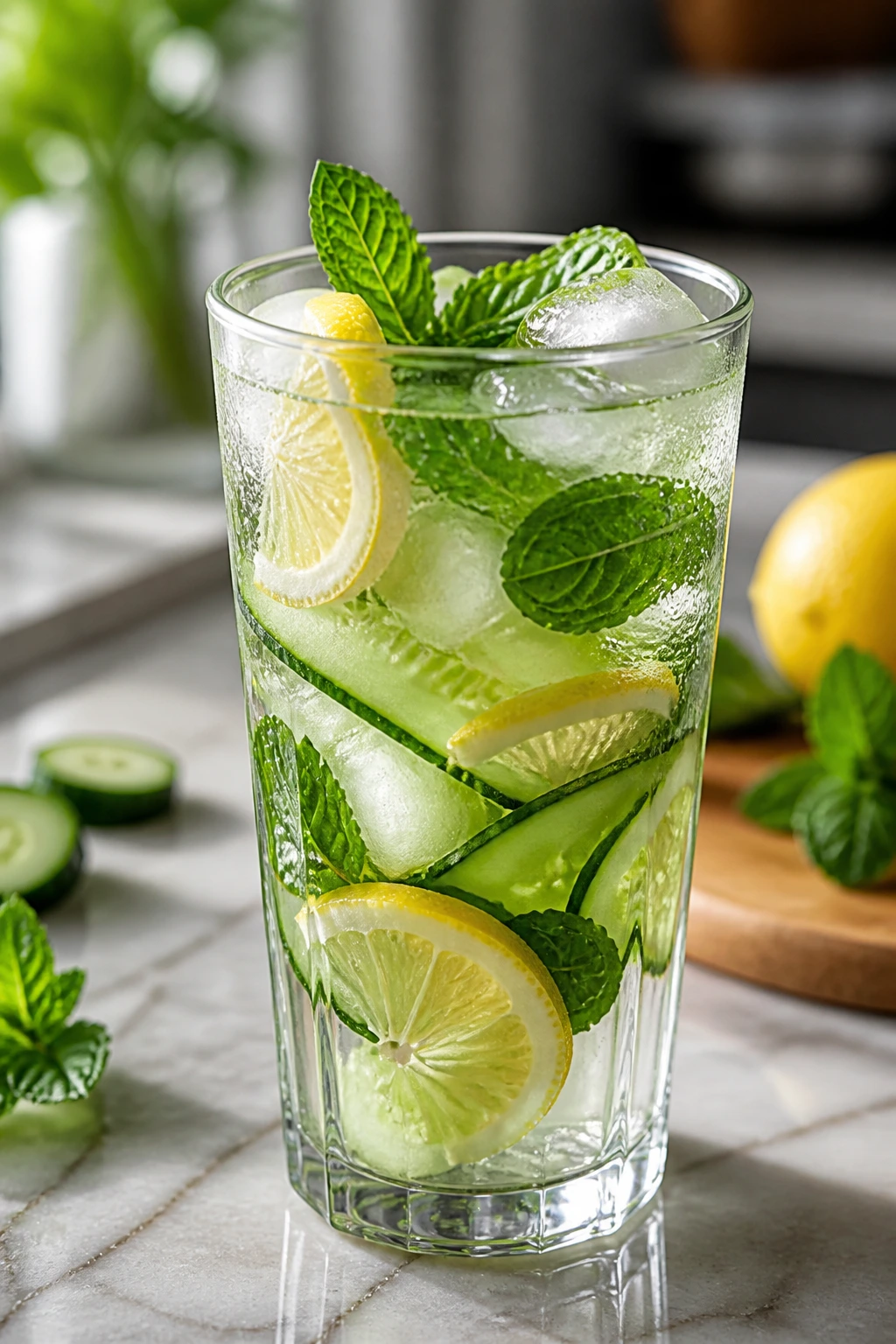Close-up of a tall glass of fruit infused water with lemon and cucumber on a bright kitchen counter