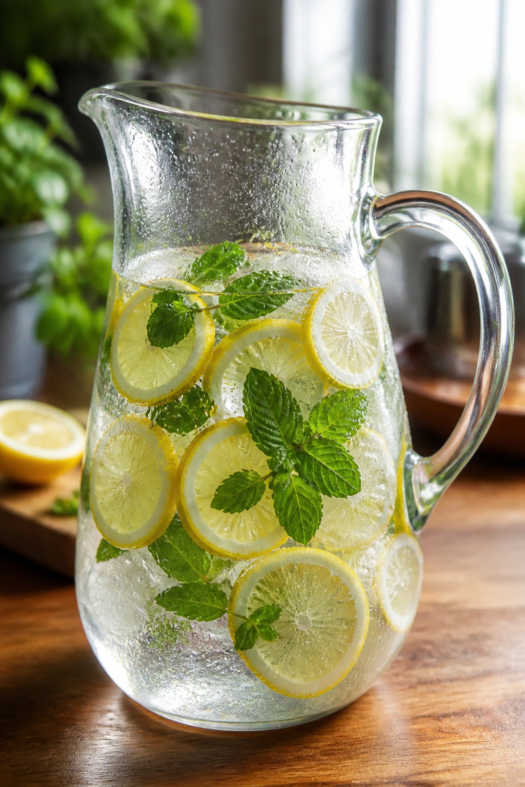 Close-up of a glass pitcher with lemon and mint in water on a sunlit wooden kitchen counter