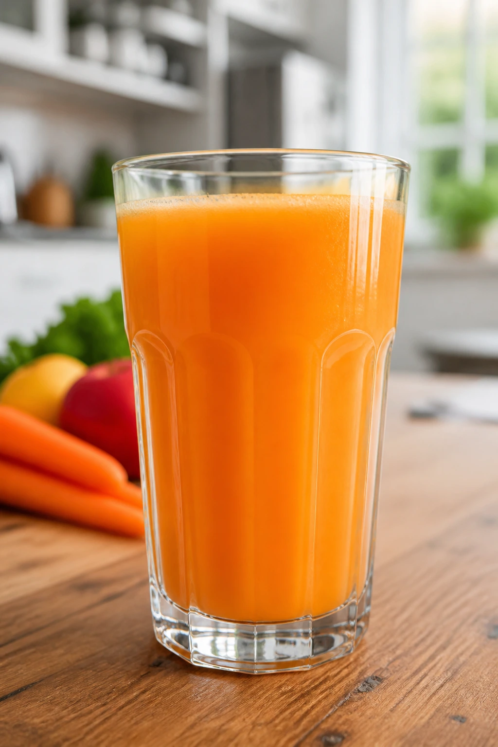 Close-up of a glass of fresh juice on a wooden table with bright kitchen light