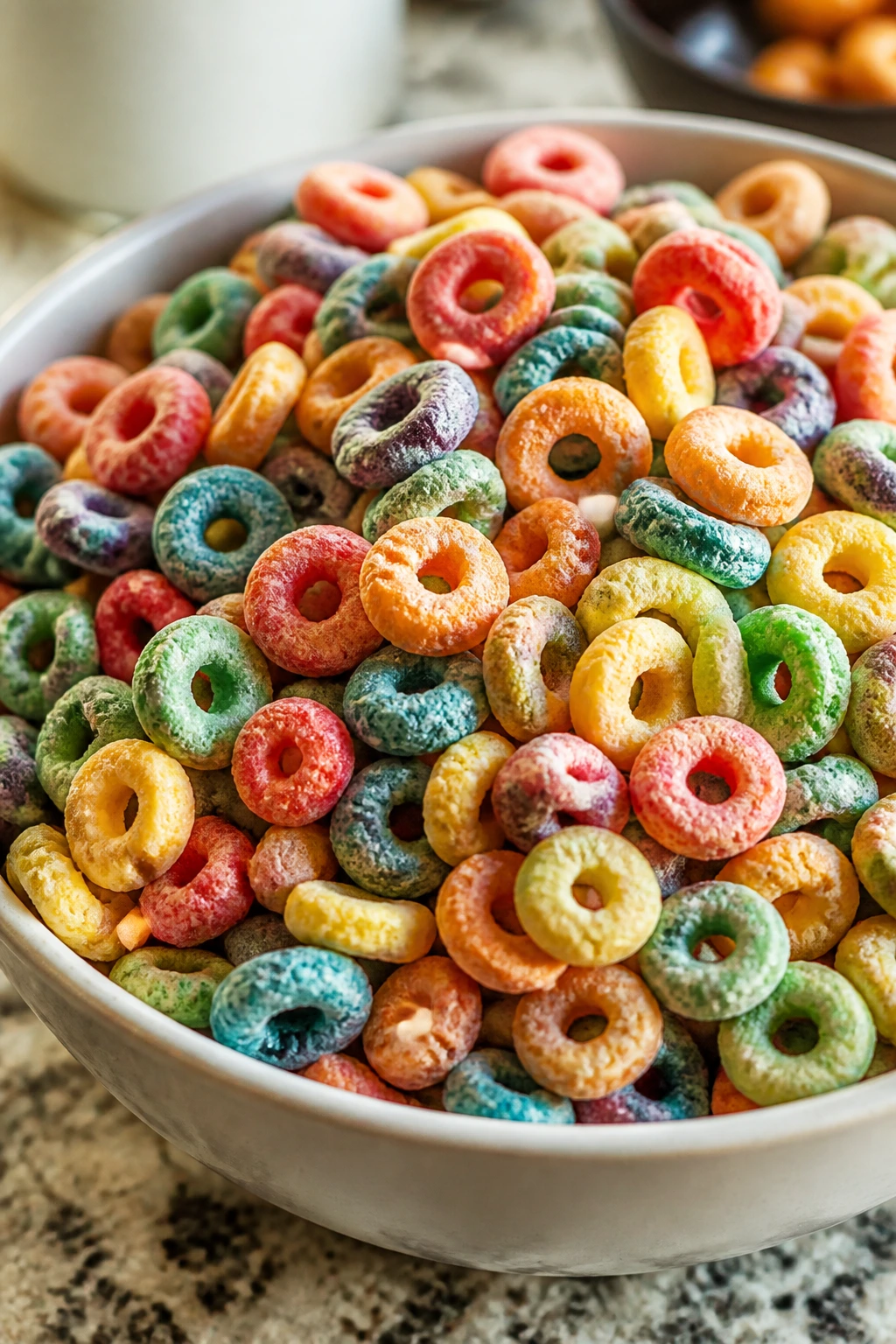 Close-up of a colorful bowl of Fruit Loops cereal on a kitchen counter.