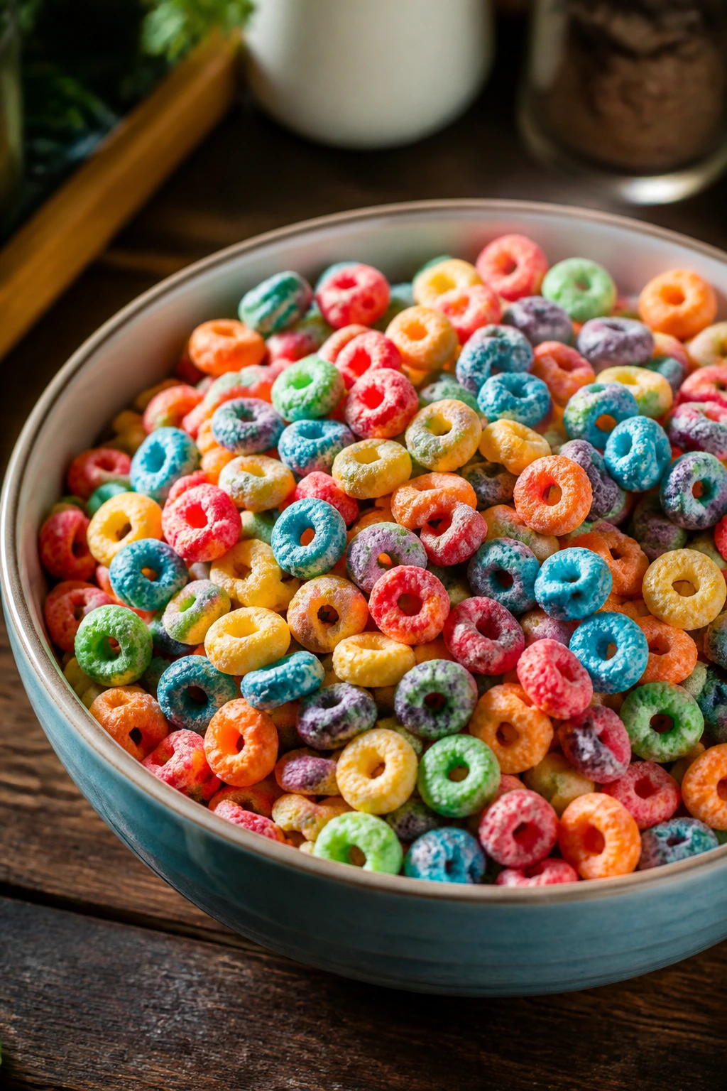 Close-up of colorful Fruit Loops cereal in a bowl on a wooden kitchen counter, no milk visible