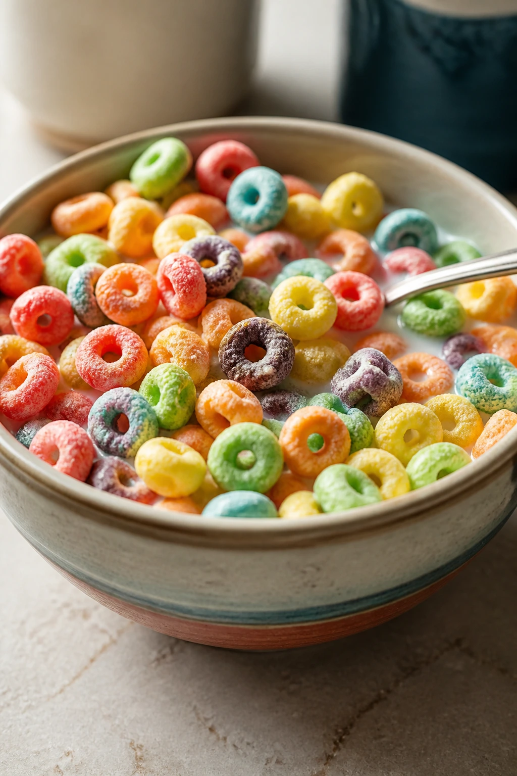 Bowl of Fruit Loops with milk on a kitchen counter in bright light.