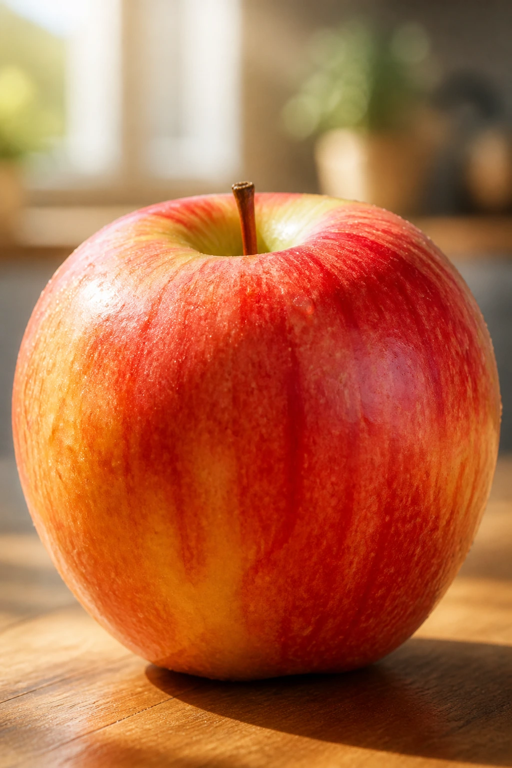 Advantages & Disadvantages Of Eating Fruits In Empty Stomach 3 Close-up of a ripe apple filling the frame with sunlit kitchen backdrop