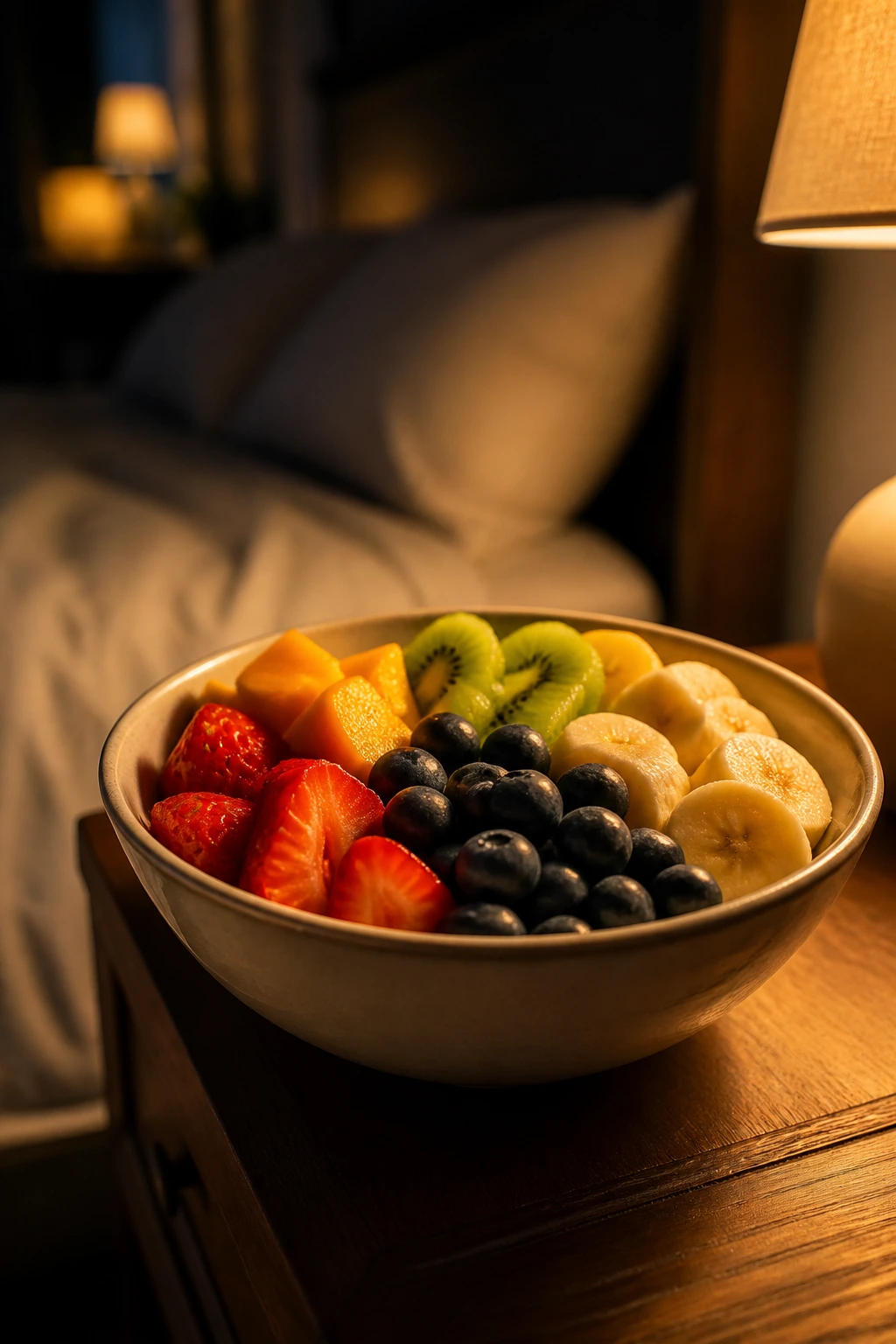 Nighttime fruit bowl on bedside table ready to eat