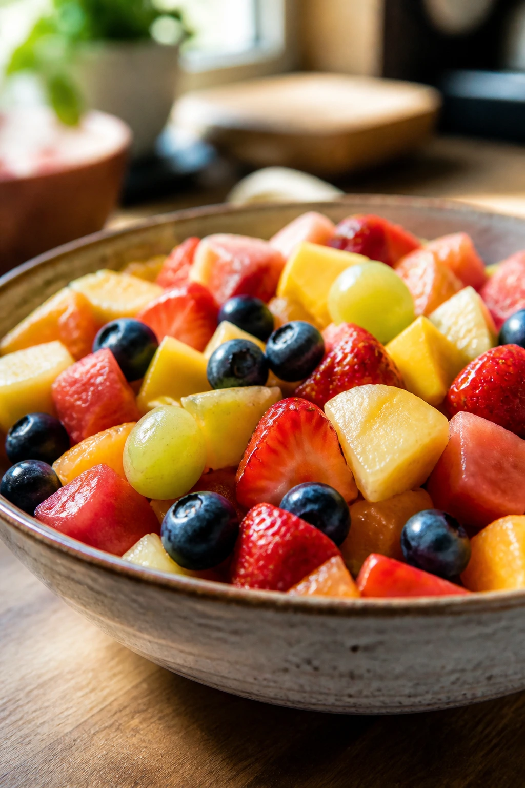 20 Pros And Cons Of Eating Fruit For Breakfast 1 Close-up of colorful mixed fruits in a rustic bowl on a morning kitchen counter