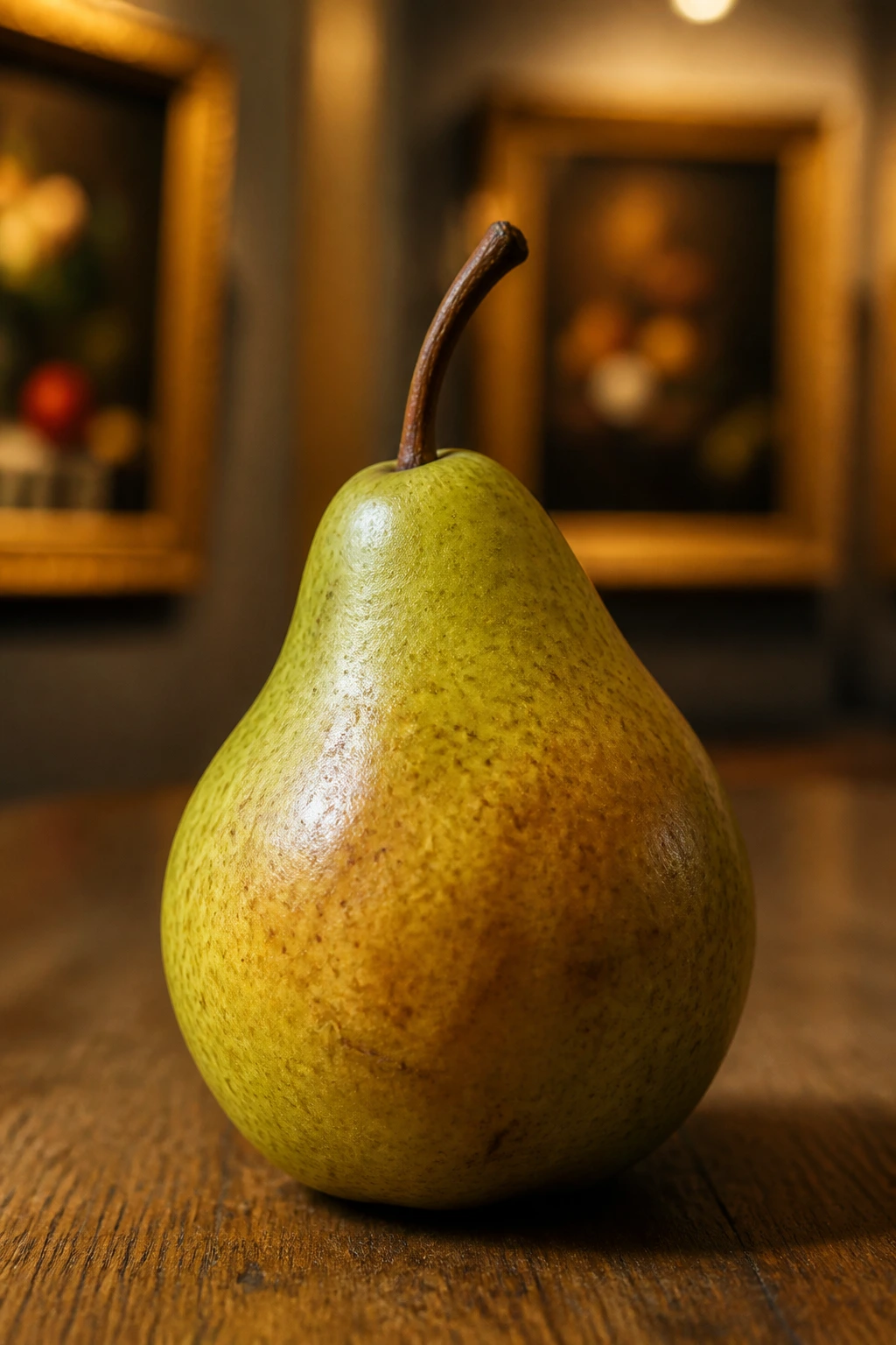 80+ Amazing Quotes About Fruit - For Fruit Lovers 12 Close-up of a single pear on a wooden table with an art gallery backdrop