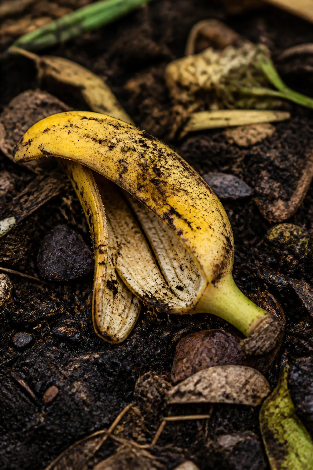 Fruit peel in nutrient-rich compost supporting soil health