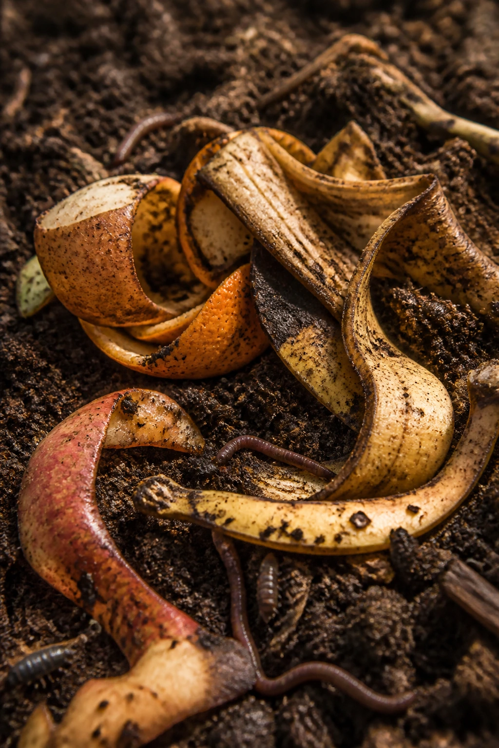 Close-up of fruit peels decomposing in soil