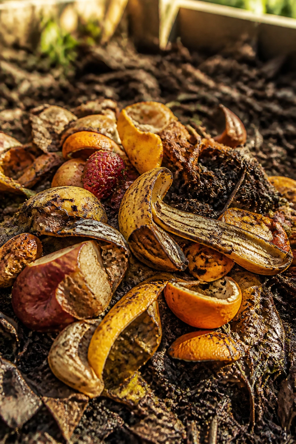 Close-up of assorted fruit peels decomposing in a compost pile outdoors