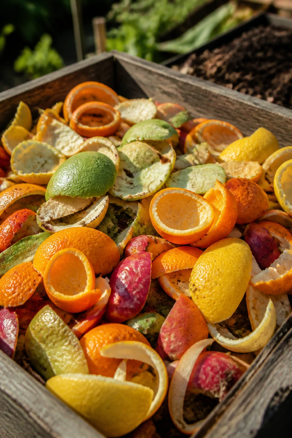 Close-up of colorful fruit peels in a composting setting