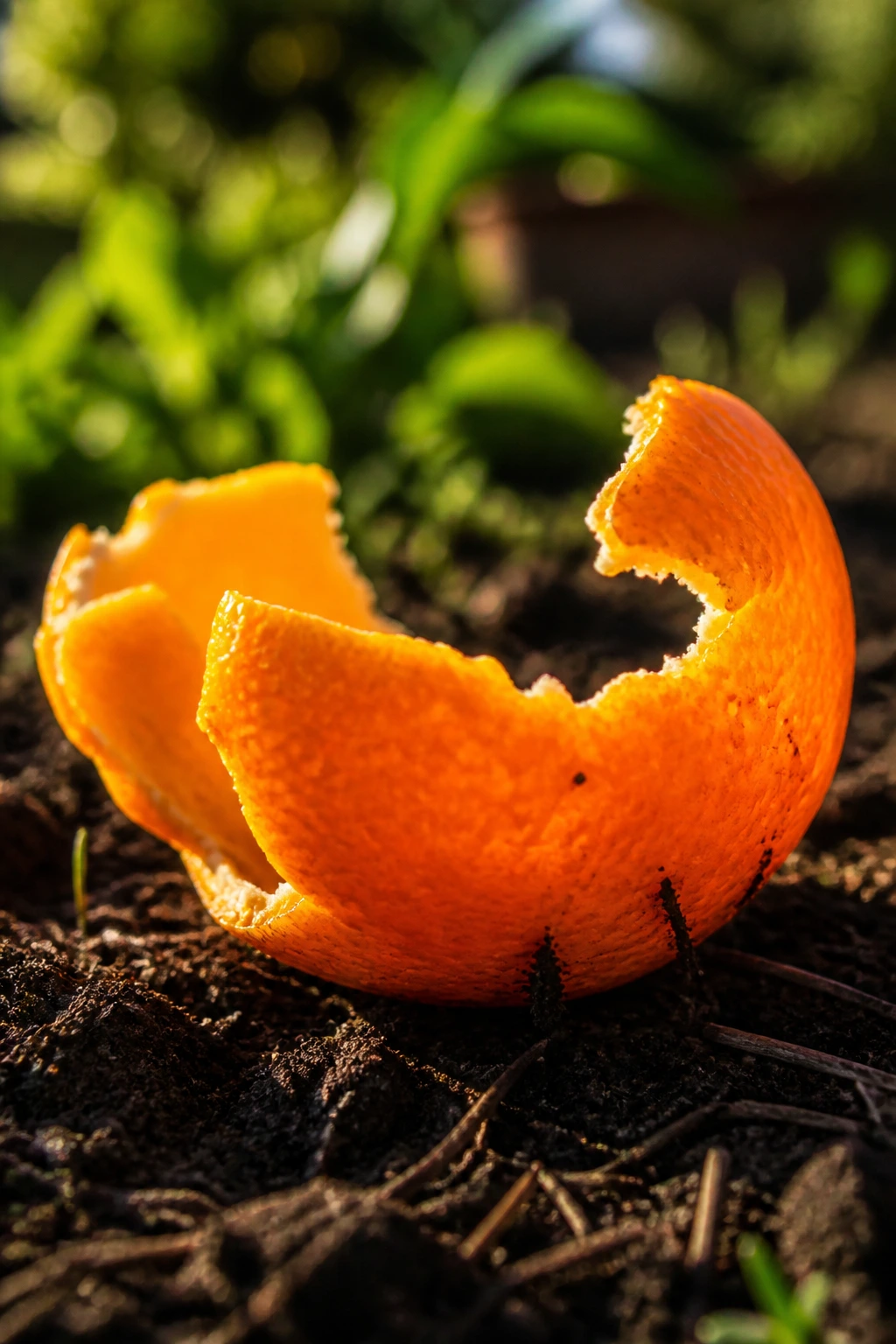 Close-up of a single orange fruit peel on garden soil