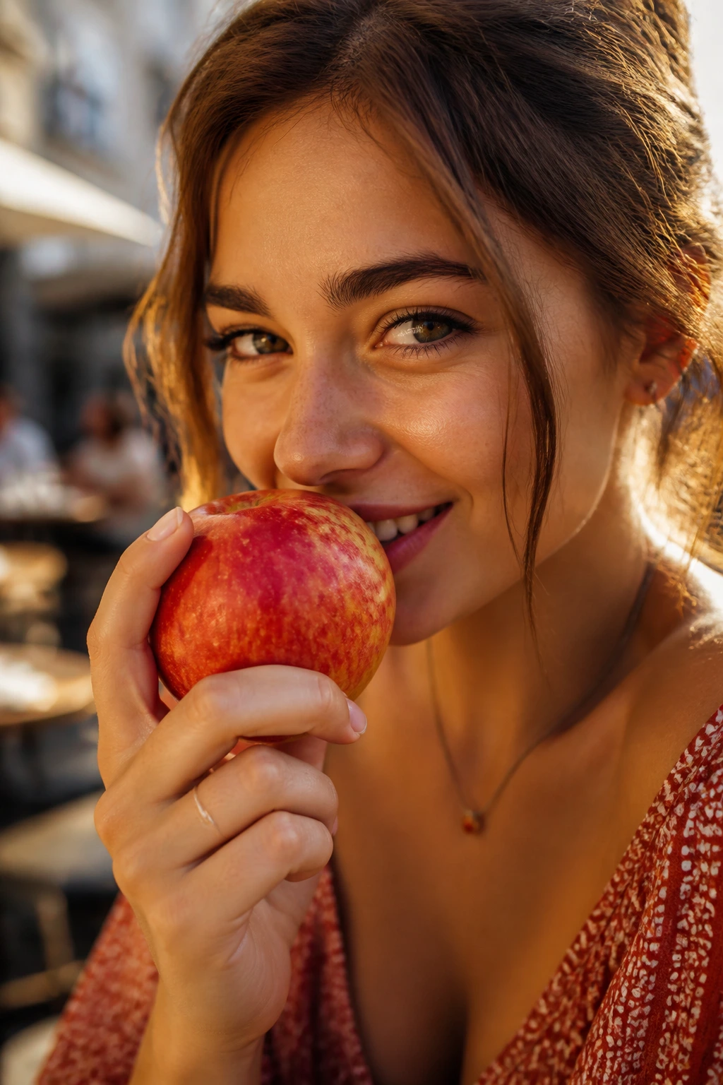 60 Fruit Puns Pick-Up Lines To Use For Your Sweetheart 2 Portrait of a person with an apple near lips in warm outdoor light