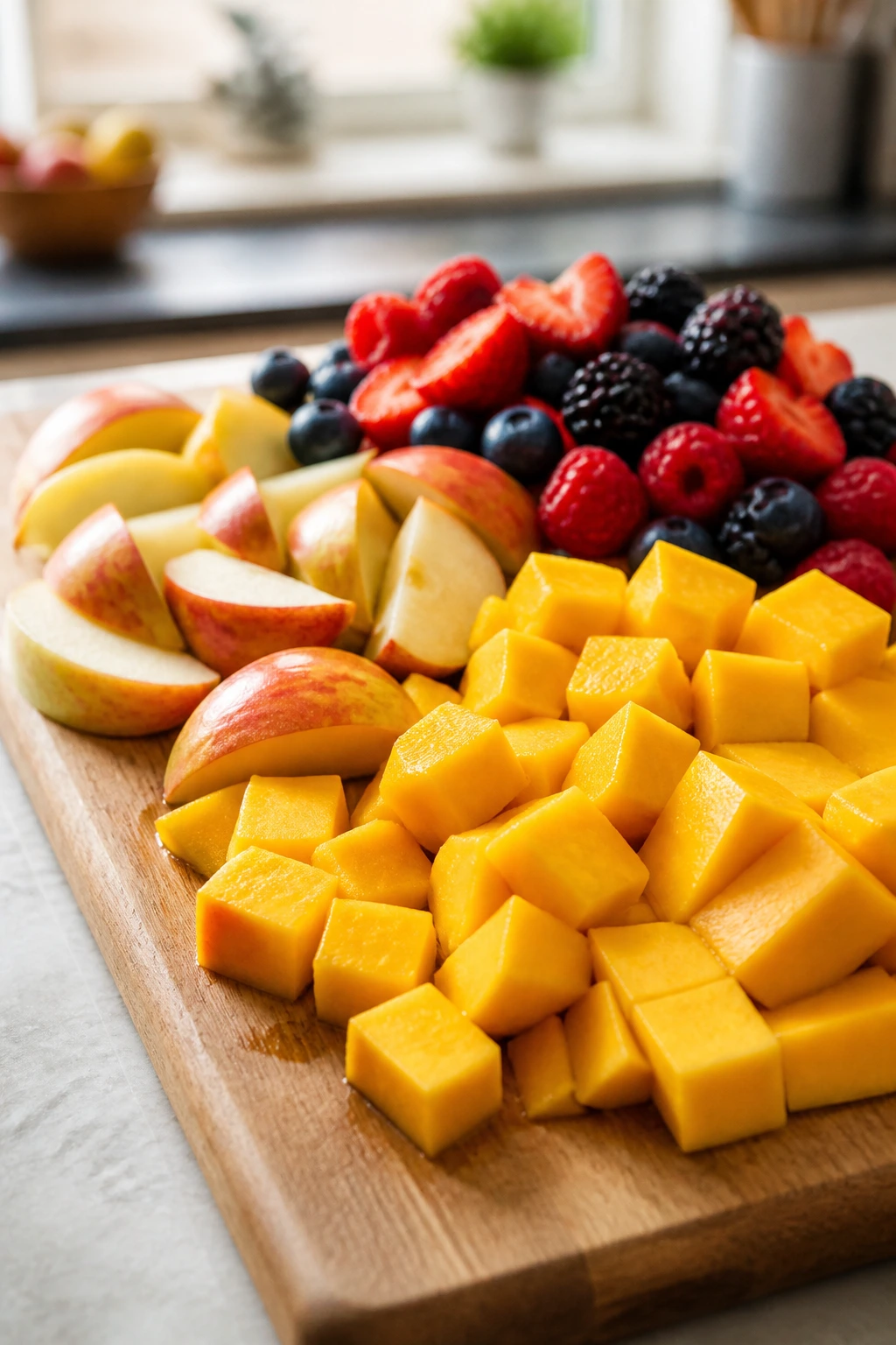 Uniformly cut fruits on a cutting board ready for mixing