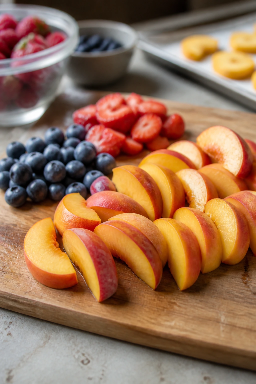 How Long Does Frozen Fruit Last In The Freezer? 3 Prepped fruit pieces arranged on a cutting board ready for freezing