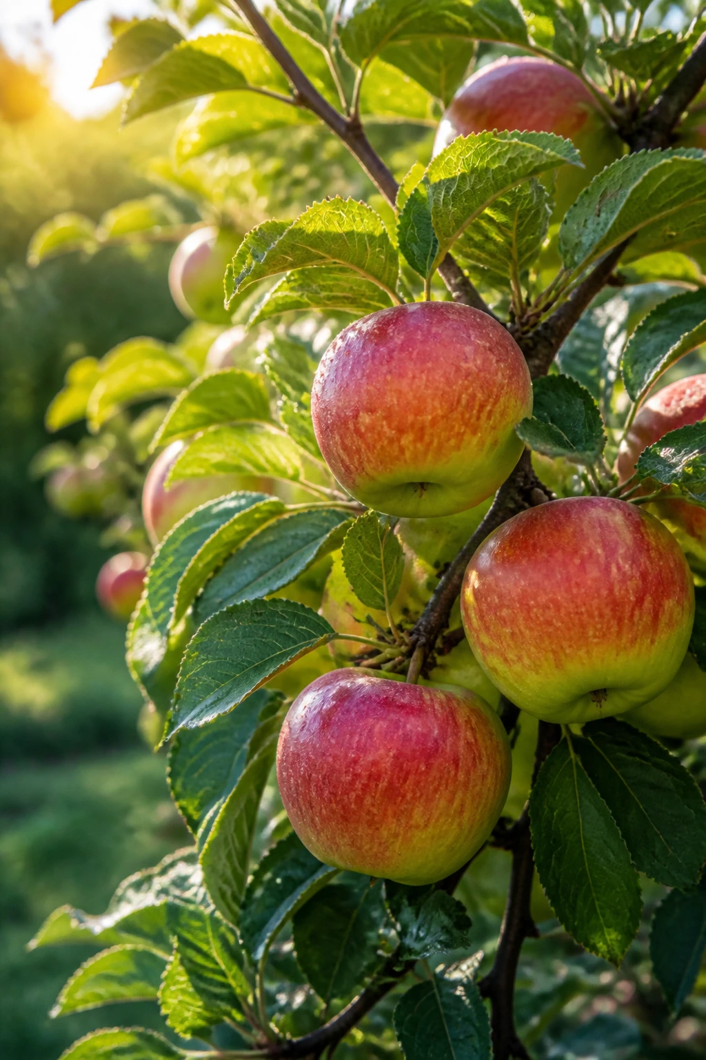 Close-up of a single apple-bearing branch in a sunlit orchard