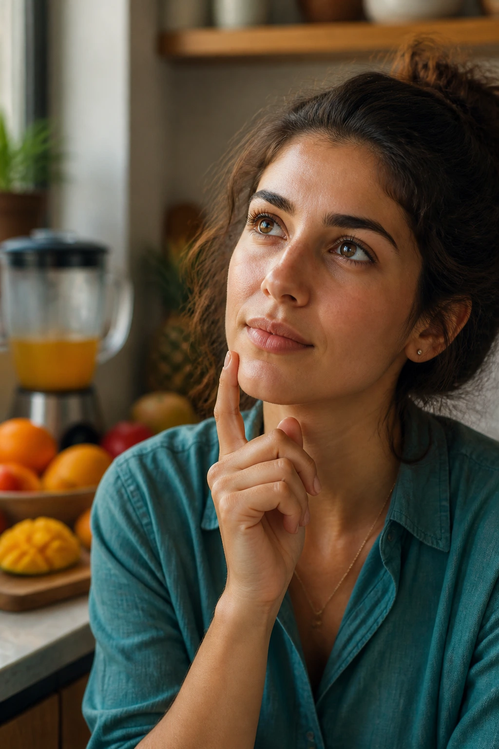Close-up portrait of a real woman in a kitchen thinking about fruit pulp FAQs