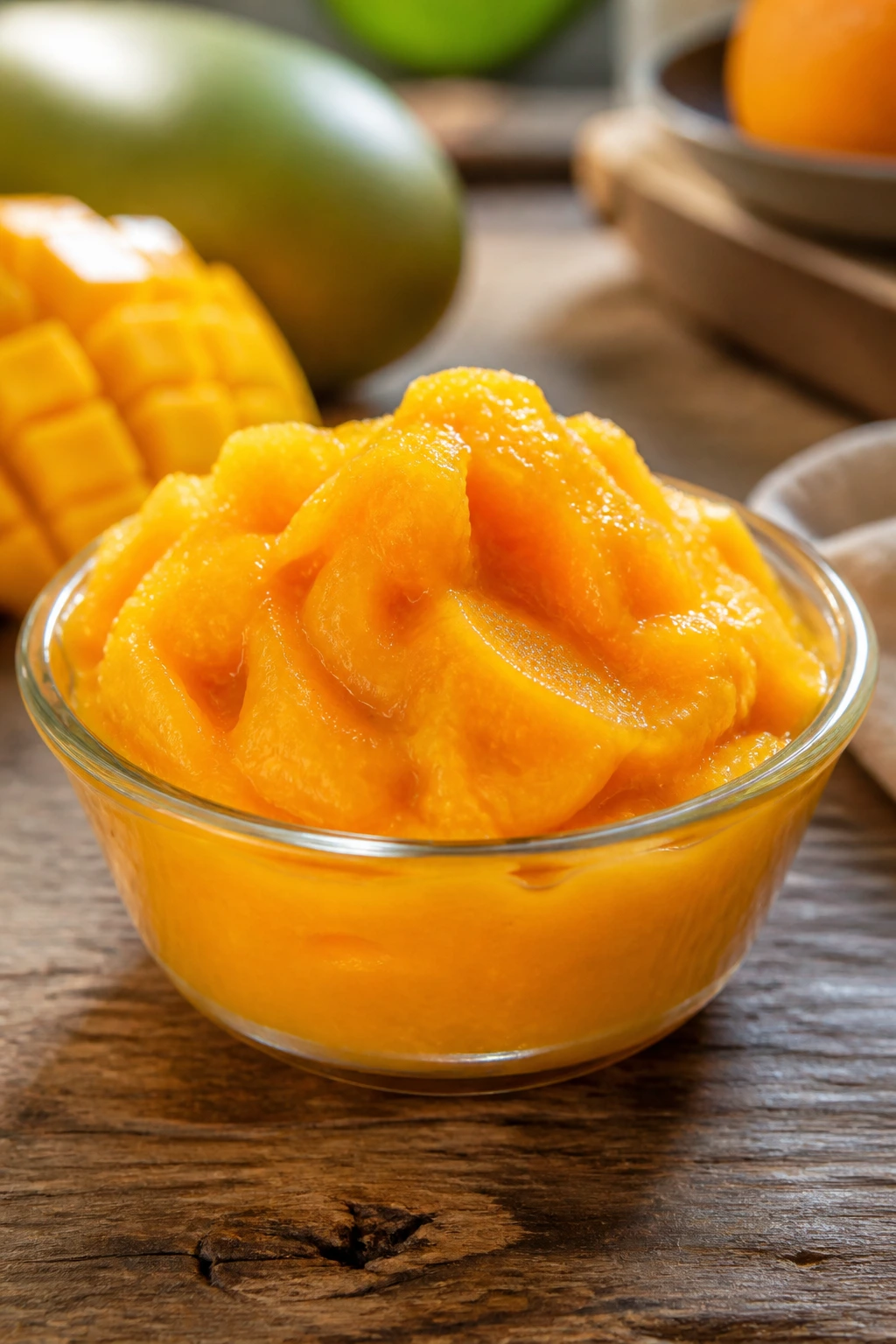Close-up of bright orange fruit pulp in a glass dish on a wooden counter