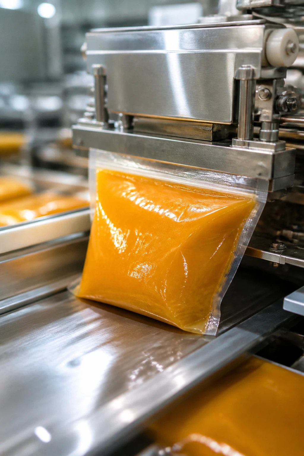 Sealed pouch of fruit pulp on packaging line