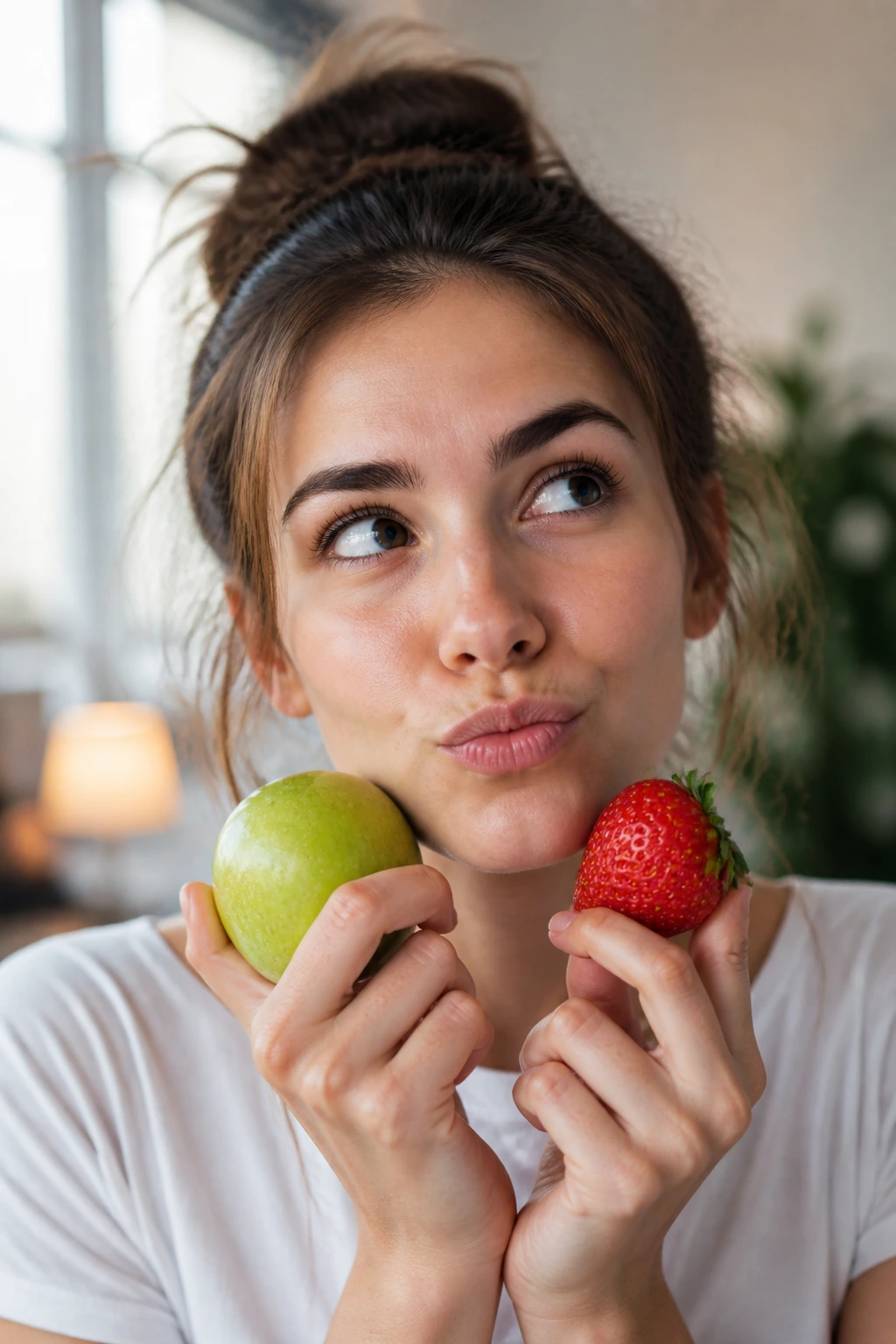 Close-up portrait of a playful real person representing fruit pun ideas