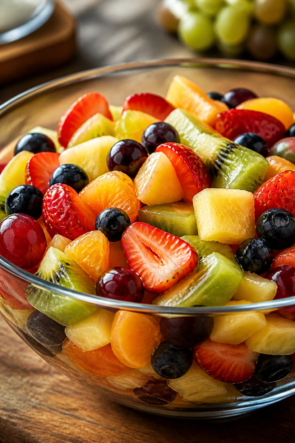 Close-up of colorful mixed fruit salad in a glass bowl on a wooden counter