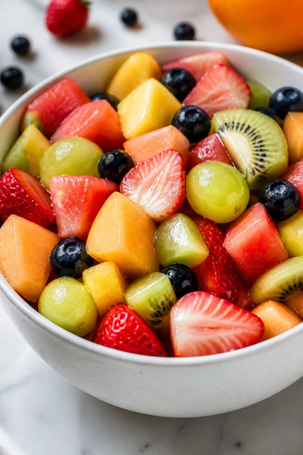 How Long Is Fruit Salad Good For? Shelf Life & Storage Tips 9 Glossy, fresh-looking fruit salad in bowl on kitchen counter