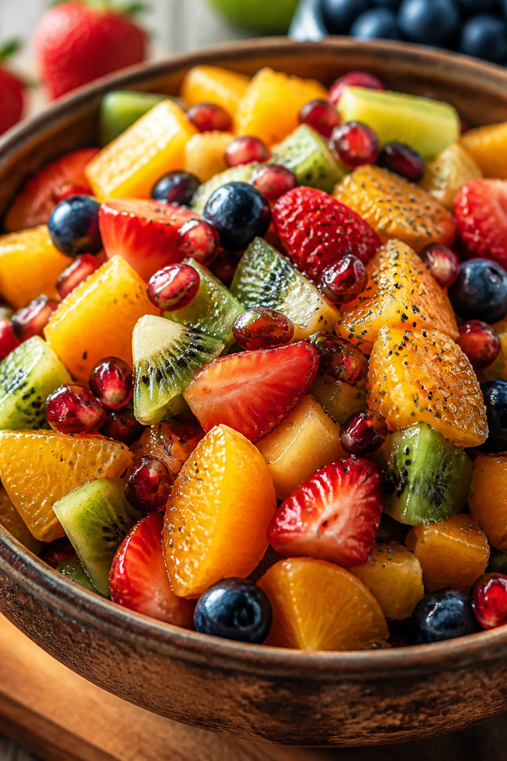 Bright fruit salad in a bowl with a mix of citrus, berries, and kiwi