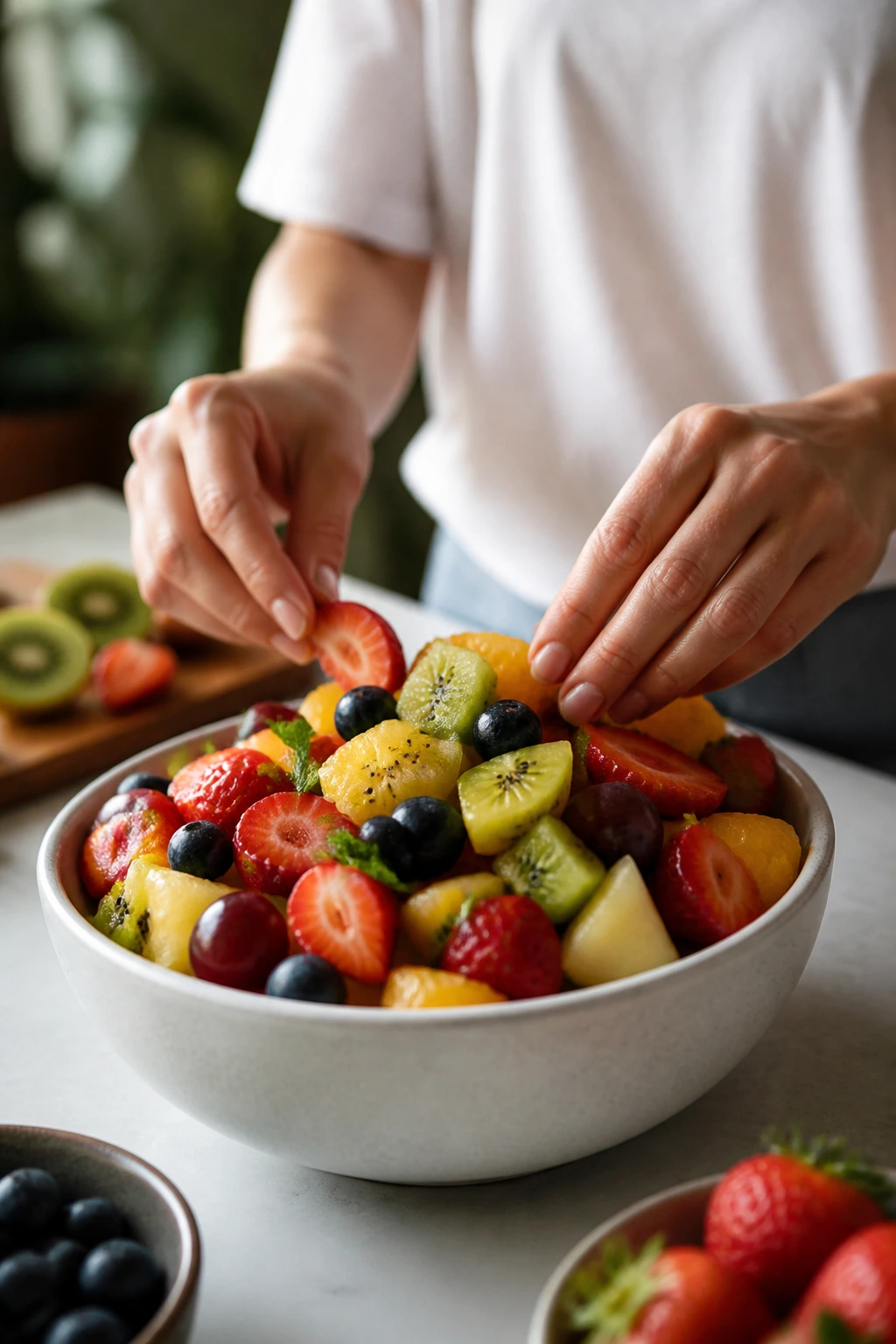 10 Amazing Fruits That Are Good for Nerve Pain 4 Colorful fruit salad bowl with hands arranging fruit in a bright kitchen