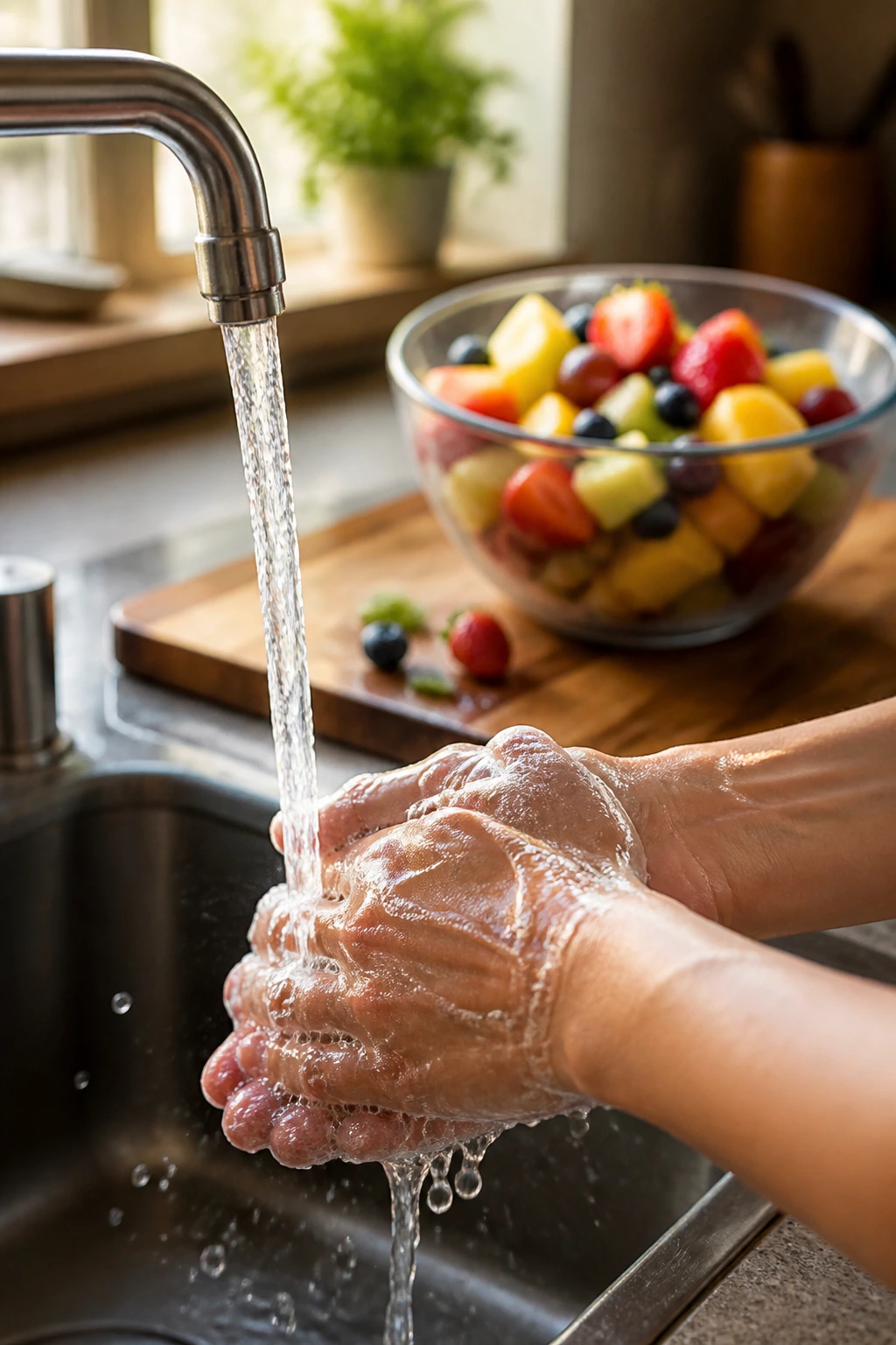How Long Is Fruit Salad Good For? Shelf Life & Storage Tips 12 Close-up of hands washing under running water beside a fruit salad bowl to emphasize food safety