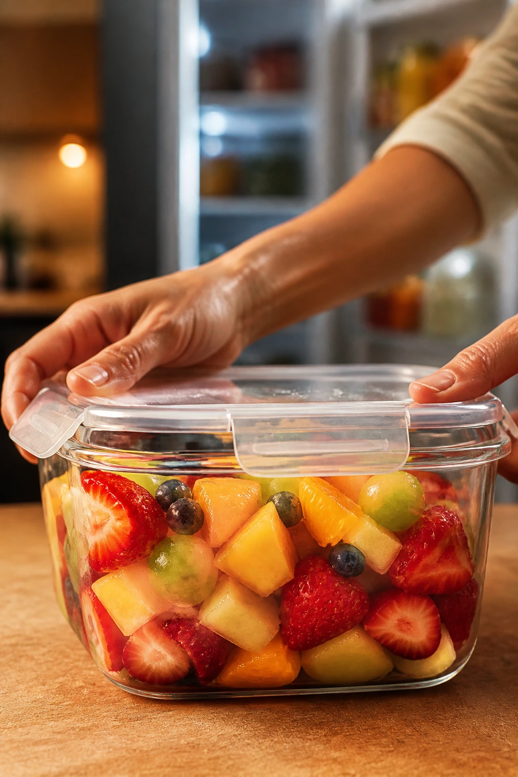 How Long Is Fruit Salad Good For? Shelf Life & Storage Tips 14 Glass container with fruit salad being sealed in a kitchen setting