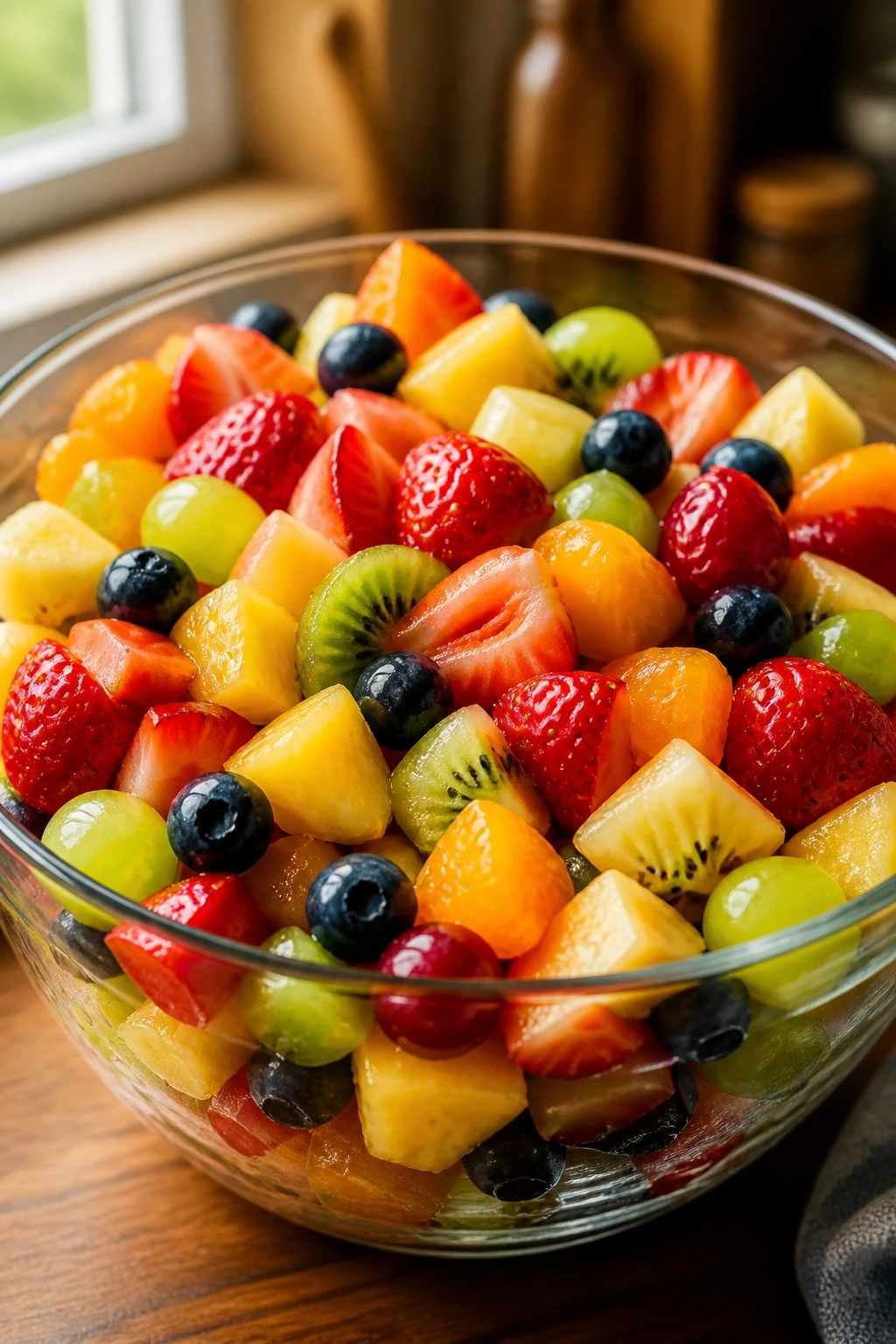 How Long Is Fruit Salad Good For? Shelf Life & Storage Tips 7 Colorful fruit salad in clear dish on wooden table with natural light