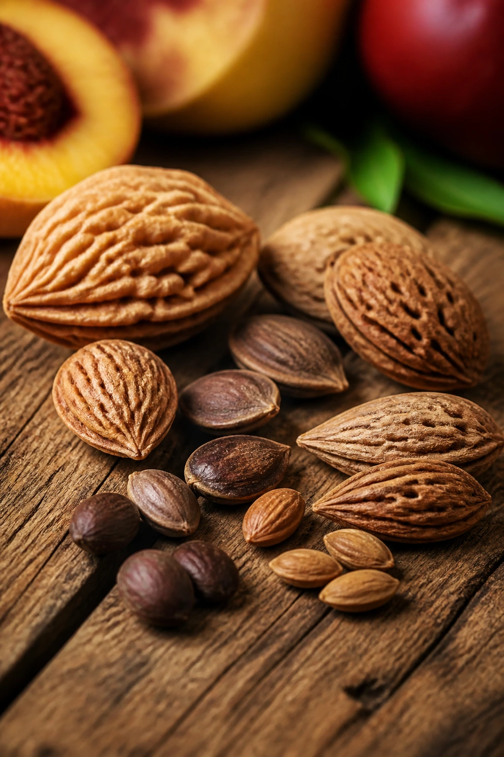 Close-up of various fruit seeds on a wooden surface