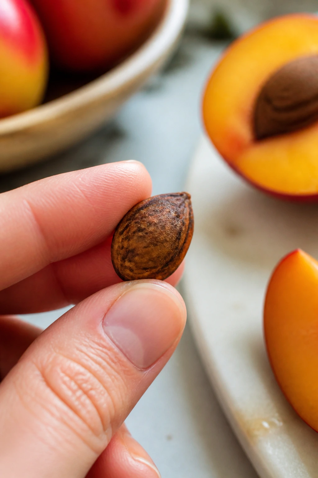 Close-up of a single fruit seed held between fingers in a kitchen
