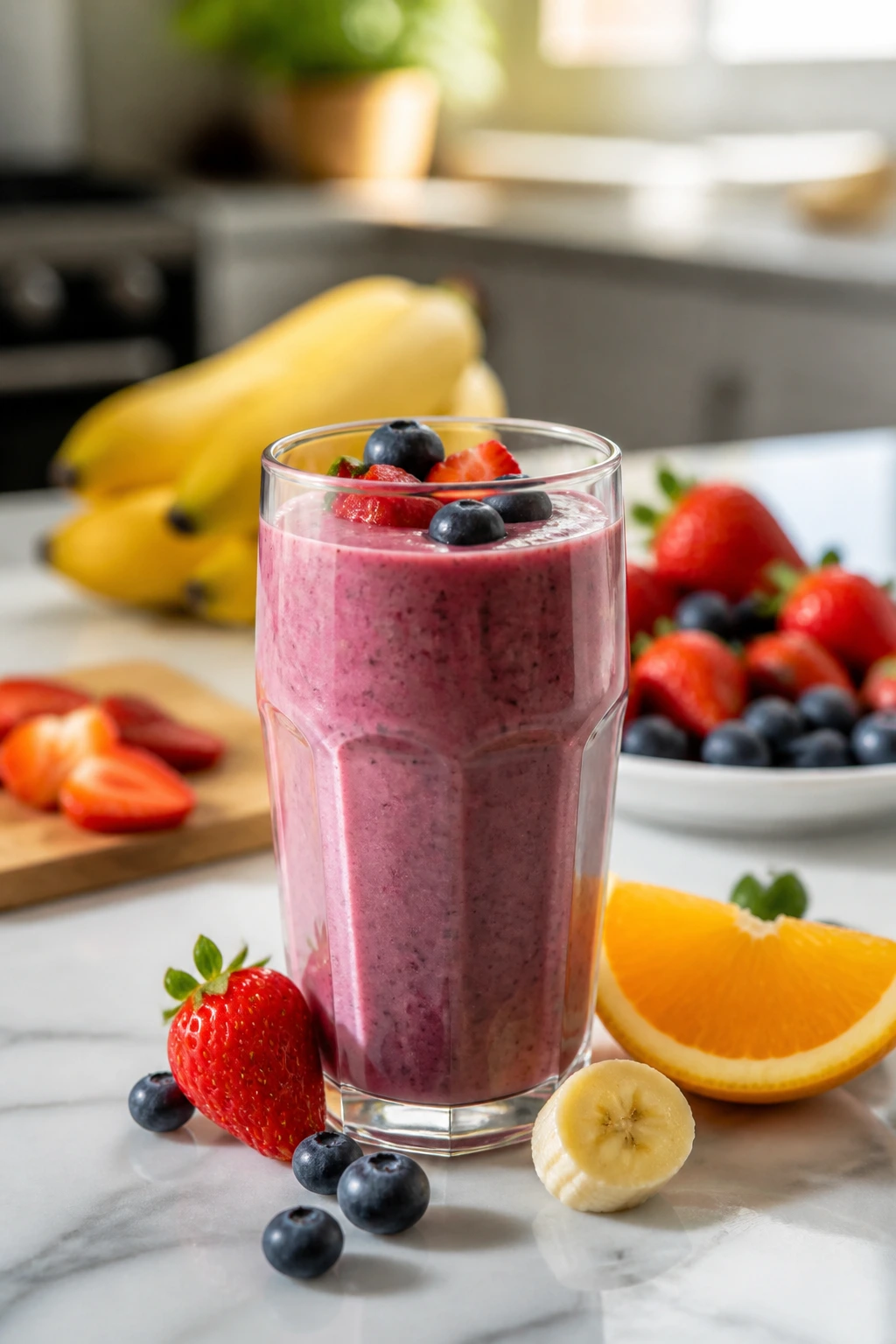 Smoothie with fresh fruit for healthier veins imagery.