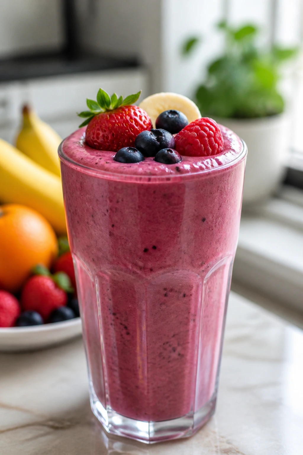 10 Amazing Fruits That Are Good For Vertigo 3 Close-up of a vibrant fruit smoothie in a glass on a sunny kitchen counter