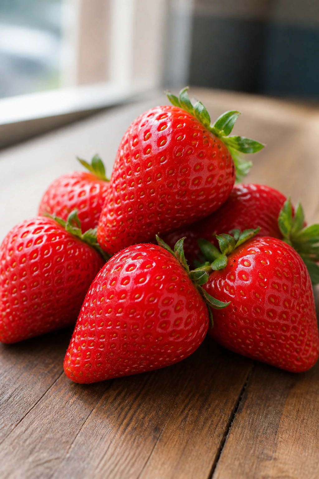 Pile of fresh strawberries on a rustic wooden surface