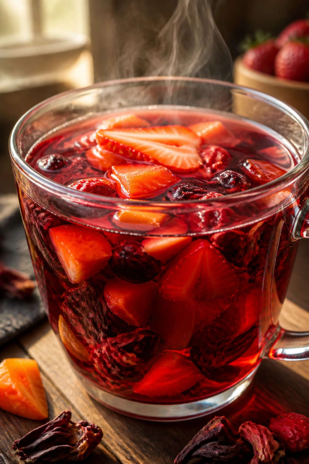 10 Health Benefits Of Fruit Tea That You Don't Know 1 Close-up of a steaming cup of colorful fruit tea with visible fruit pieces on a rustic wooden counter.