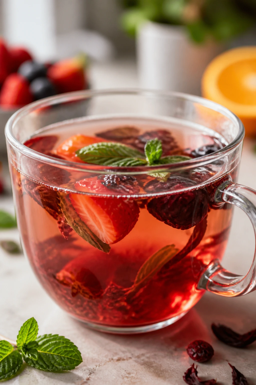 Are Fruit Teas Good For You? Are They Really Healthy? 3 Close-up glass cup with colorful fruit tea and herbs, suggesting nutrition