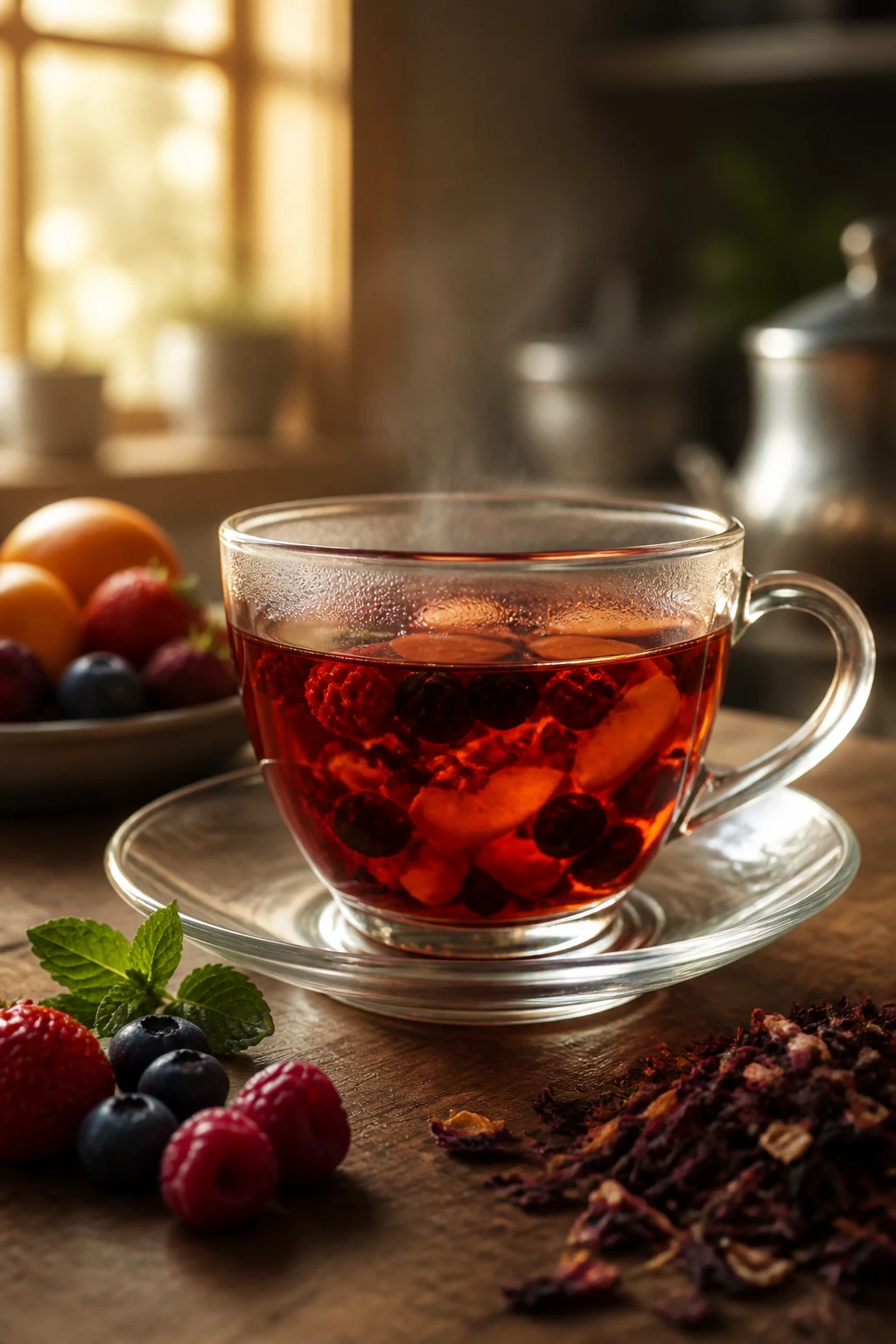 Are Fruit Teas Good For You? Are They Really Healthy? 4 Close-up steaming fruit tea highlighting potential health benefits
