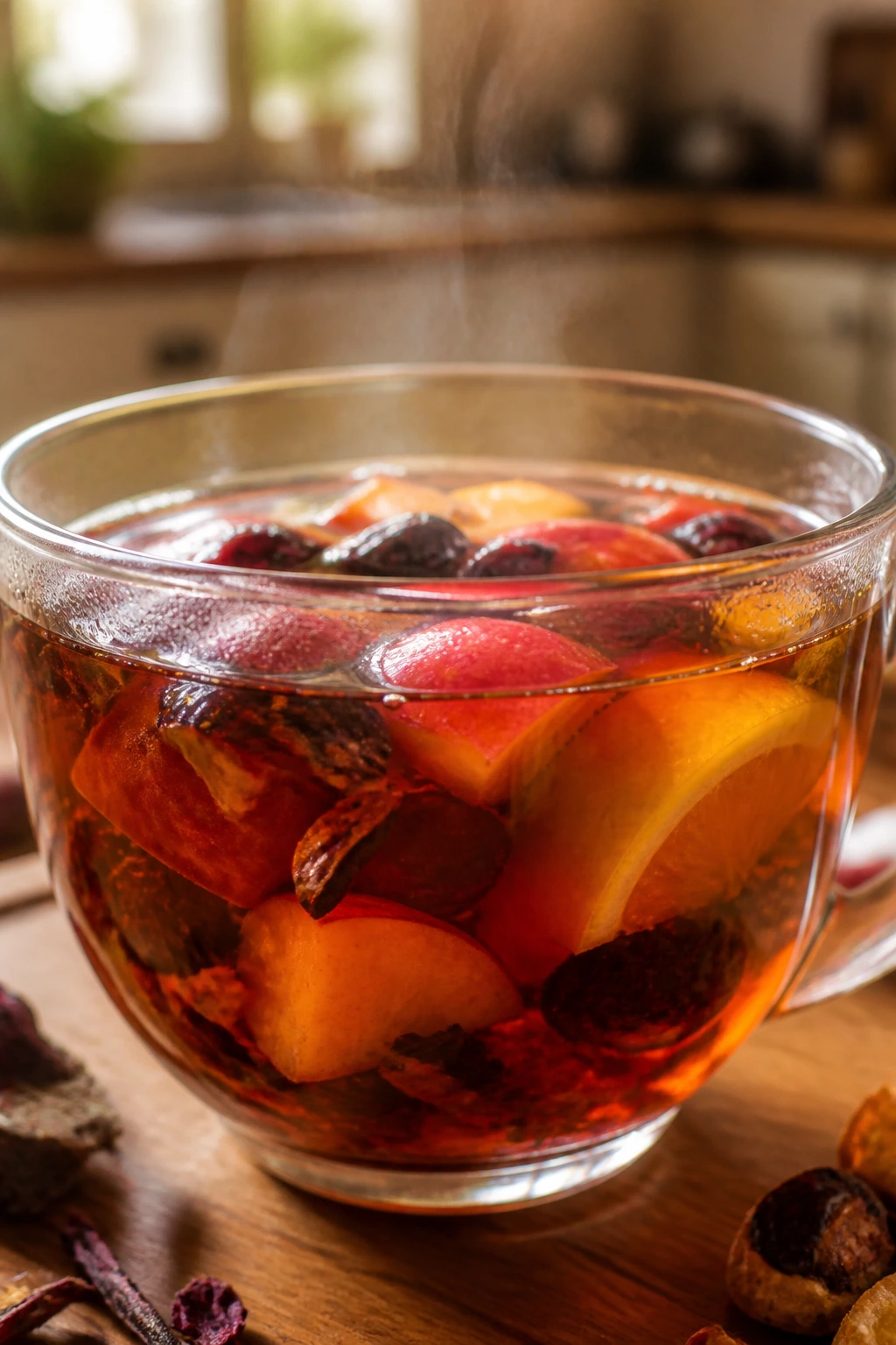 Caffeine Concerns: Does Fruit Tea Have Caffeine? 11 Close-up of a steaming cup of fruit tea in a cozy kitchen with fruit pieces in the tea