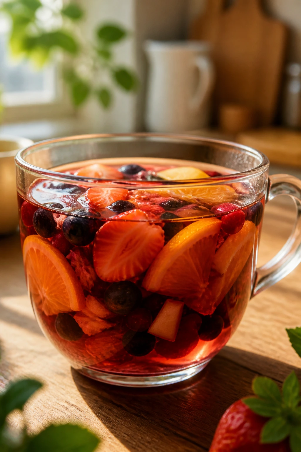 Caffeine Concerns: Does Fruit Tea Have Caffeine? 6 Close-up of glass cup of fruit tea with fruit pieces on a kitchen counter