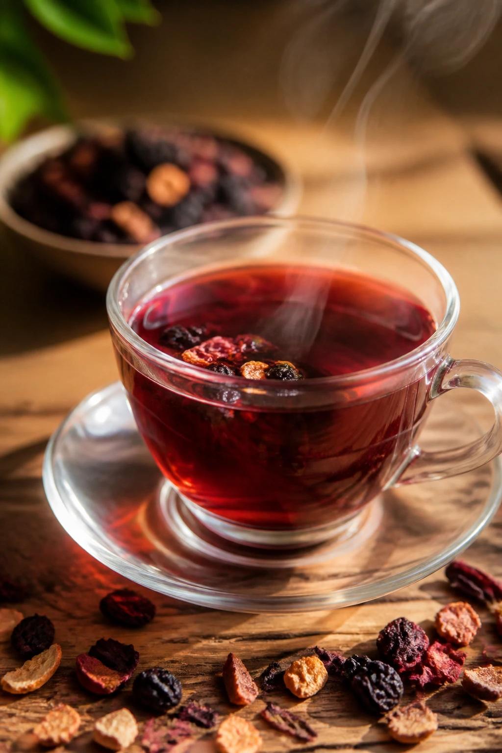 Steaming cup of caffeine-free herbal fruit tea