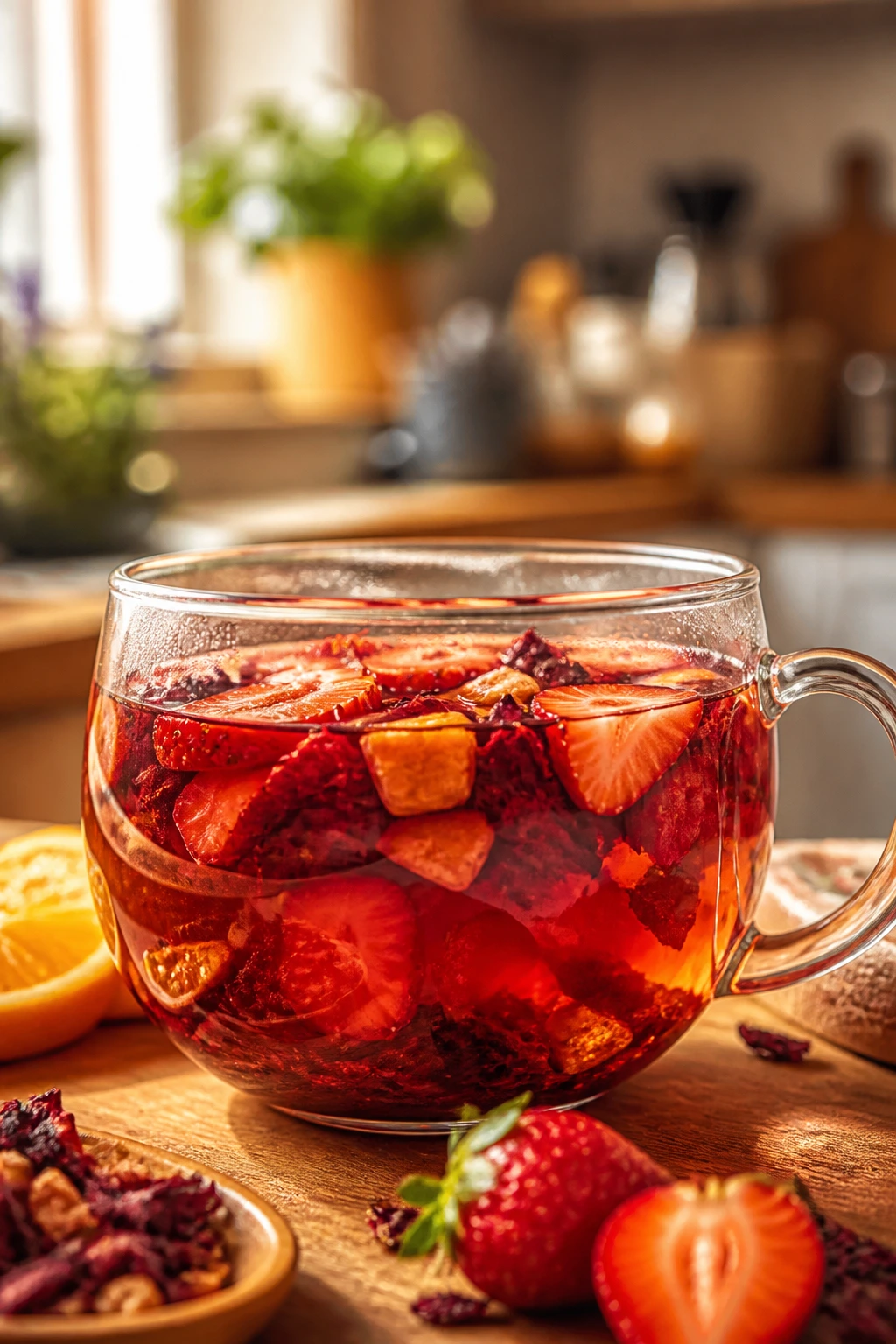 Close-up of a vibrant fruit tea in a glass cup on a warm kitchen counter.