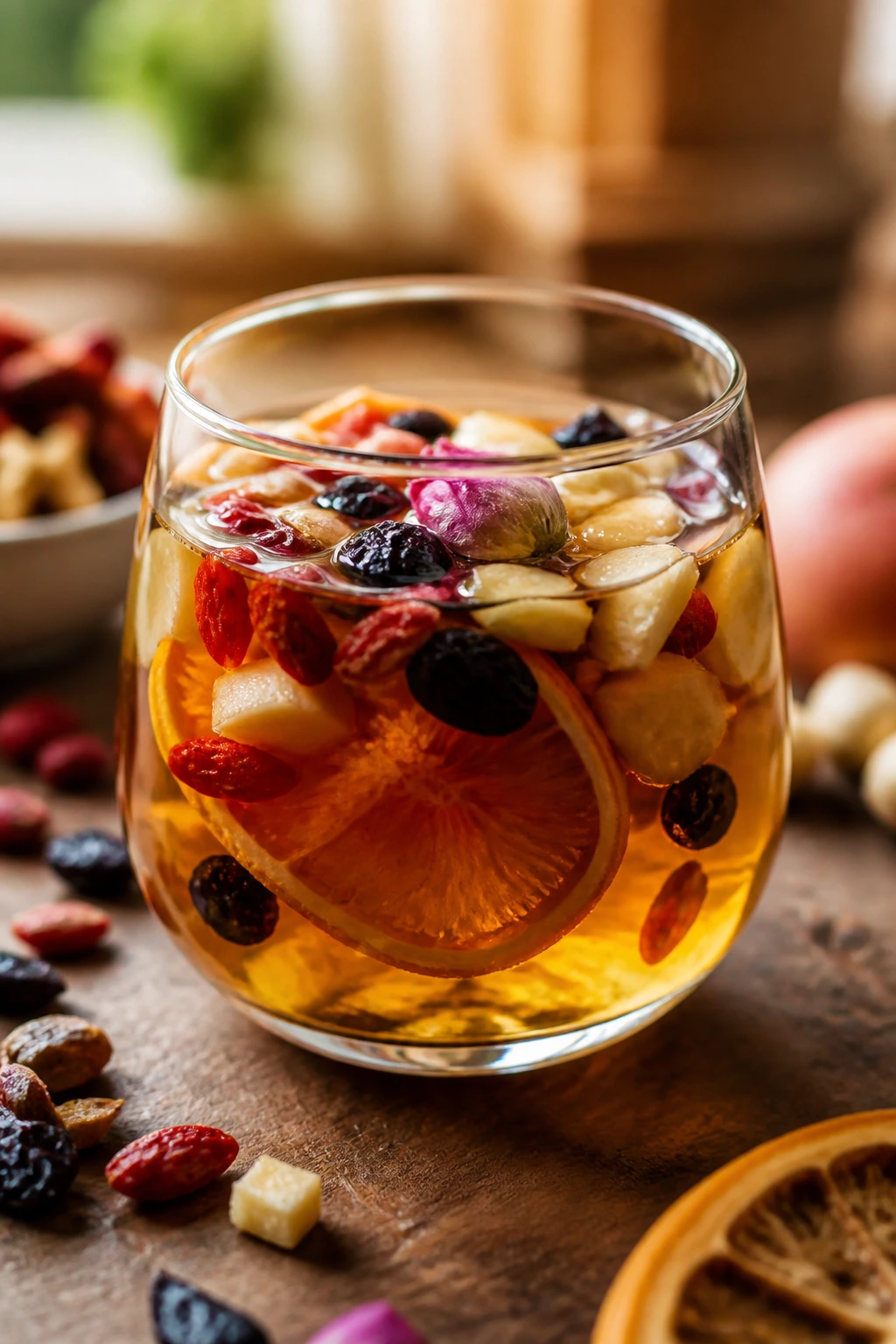 Close-up of a glass cup of fruit tea with visible fruit pieces on a wooden kitchen counter.