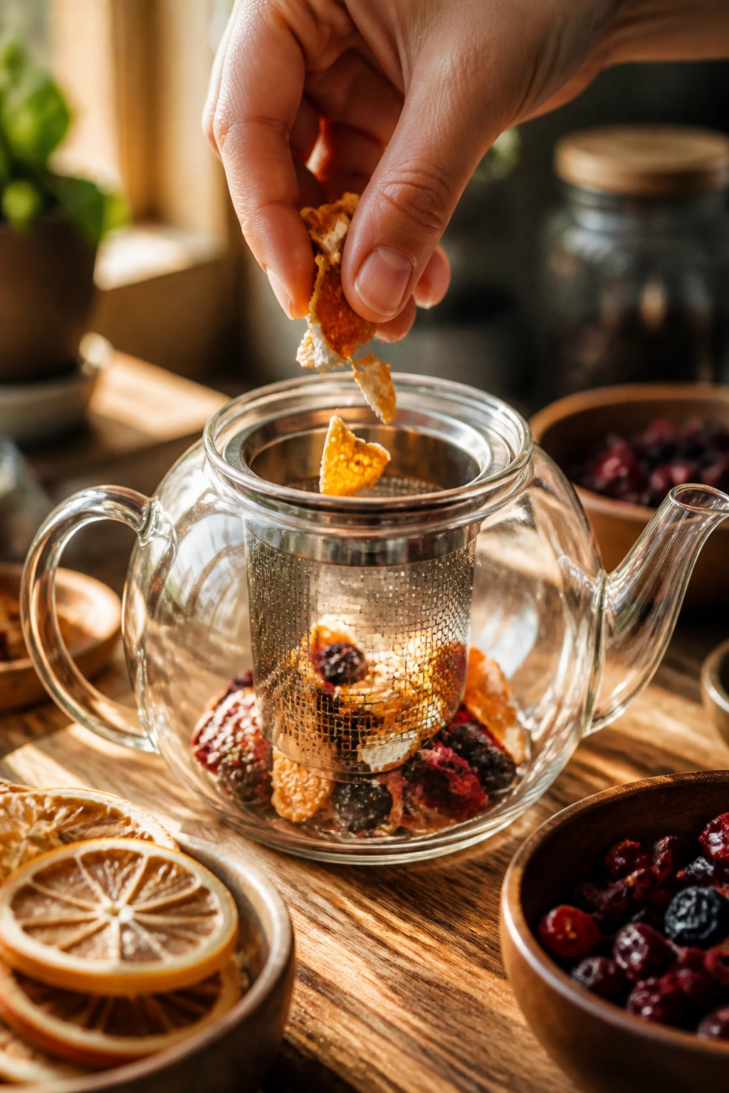 Are Fruit Teas Good For You? Are They Really Healthy? 7 Close-up of hand adding dried orange peel to glass teapot for fruit tea in sunlit kitchen