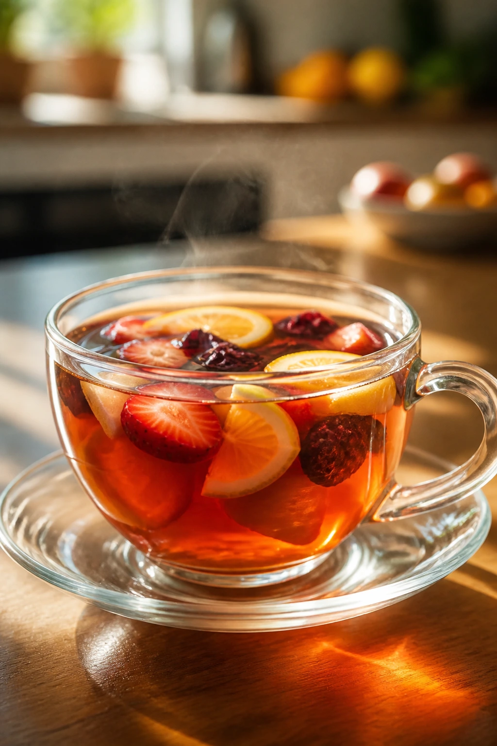 Glass teacup with steaming amber fruit tea and floating slices on a sunlit kitchen table.