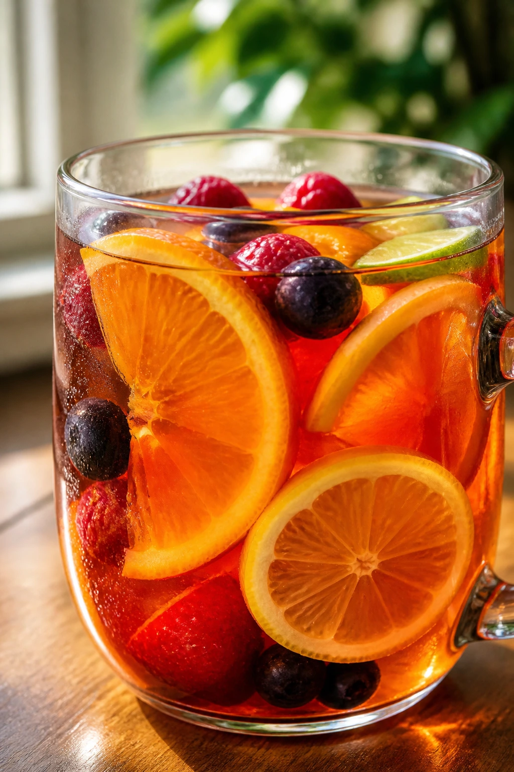 10 Health Benefits Of Fruit Tea That You Don't Know 3 Close-up of a glass cup of fruit tea with citrus and berry slices on a wooden table.
